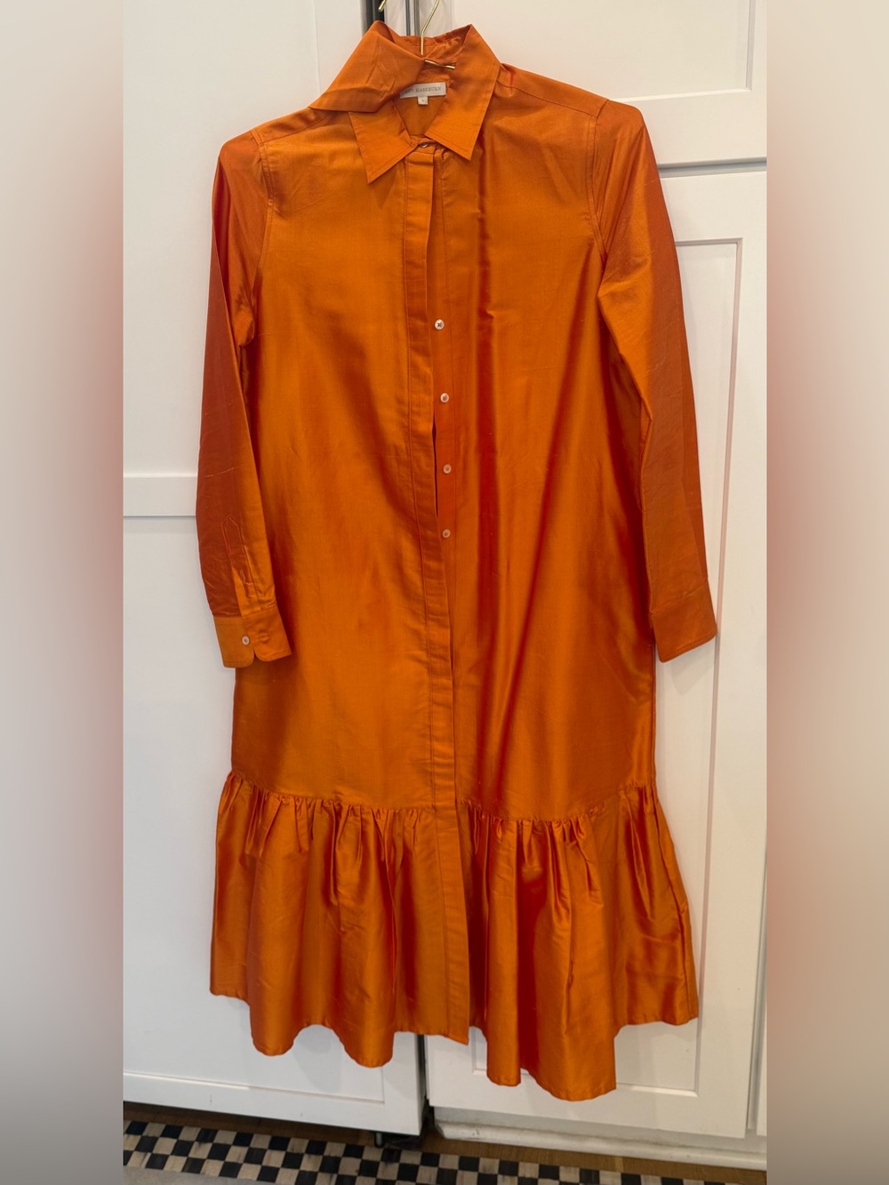 ANN MASHBURN Orange Long-Sleeve Ruffle-Hem Silk Shunting Shirt Dress